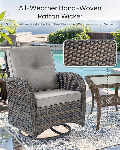 HUMMUH Outdoor Swivel Chairs,3 Pieces Patio Furniture Set with 360 Degree Wicker Swivel Rocking Chairs and Side Table for Garden,Porch,Backyard (Brown/Beige)
