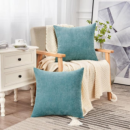 GAWAMAY Decorative Chenille Throw Pillow Covers 24x24 Inch Pack of 2, Soft Square Couch Pillow Cover for Sofa Cushion Living Room Bedroom Solid Dyed Pillowcases Smoke Blue 60x60cm (ONLY Covers)