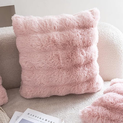 Neelvin Pink Faux Fur Cozy Soft Double-Sided Decorative Throw Pillow Covers 16x16 inch Set of 2,Velvet Pillowcase Cushion Case for Sofa Couch