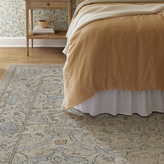 RUGGABLE x Morris & Co Washable Area Rug – Montreal Natural Blue 9x12, Stain-Resistant, Non-Slip – Large Machine Washable Rugs for Living Room, Bedroom, Hallway, Entryway & Office–with Standard Pad