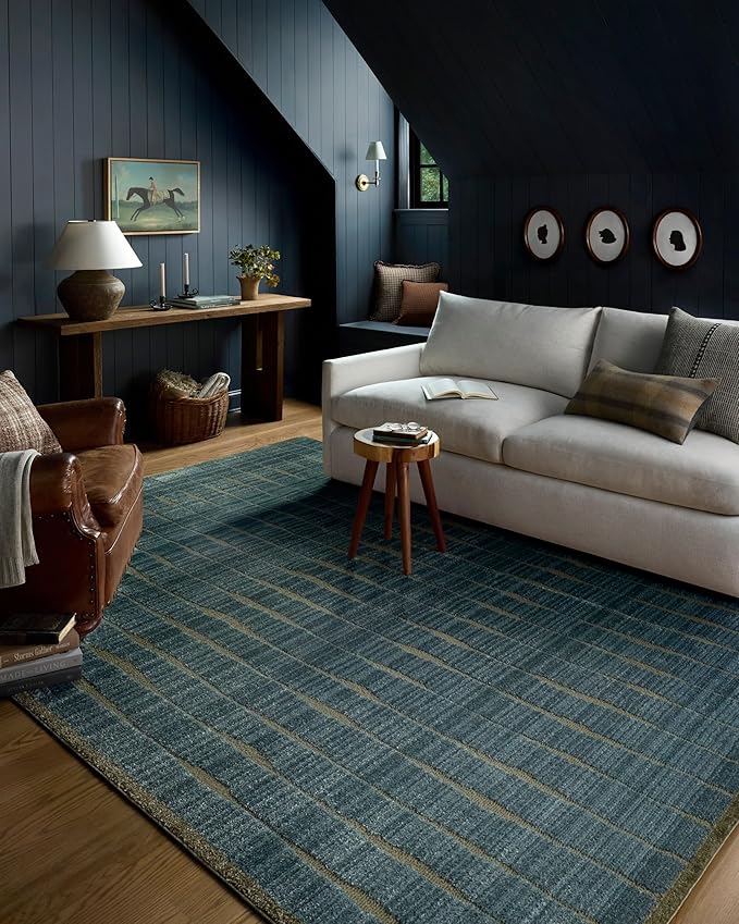 Loloi Chris Loves Julia Calvin Collection CLV-02 Ocean/Olive 3'-6" x 5'-6" Accent Rug Checkered Neutral Soft Living Room Bedroom Carpet