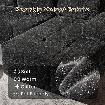 114" Glitter Cloud Sectional Couch with L-Shape Chaise & Ottoman, Modern Boneless Couches for Living Room, Fluffy Tufted Deep Seat Modular Sofa No Assembly (Gray Sparkly Velvet,Right Facing)
