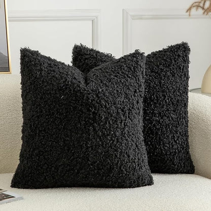 Pack of 2 Curly Teddy Wool Faux Fur Throw Pillow Covers Fuzzy Accent Soft Sherpa Pillowcases Sheepskin Fleece Decorative Cushion Case for Sofa Couch Living Room 22x22 Inch Black