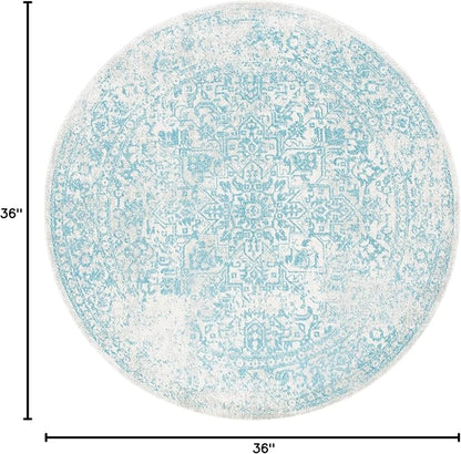 SAFAVIEH Evoke Collection Area Rug - 3' Round, Ivory & Aqua, Distressed Design, Non-Shedding & Easy to Clean, Ideal for Foyer, Bedroom, Accent Space (EVK256J)