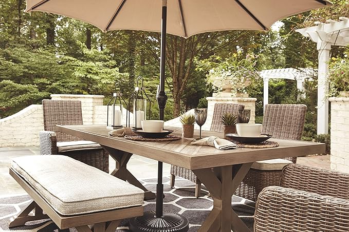 Signature Design by Ashley Beachcroft Modern Farmhouse Outdoor Rectangular Dining Table with Porcelain Table Top, Seats 6 to 8, Umbrella Hole with Cap, Beige