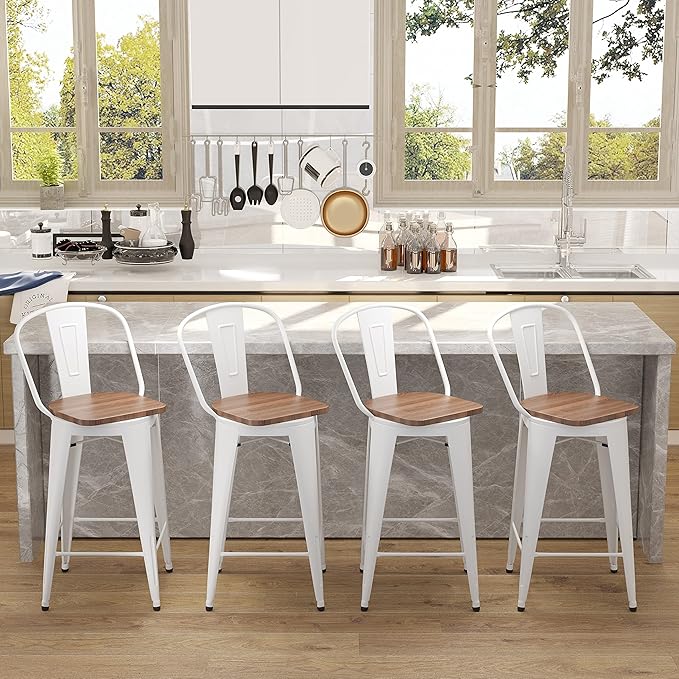 Aklaus Swivel Metal Bar Stools Set of 4 Counter Height Stools Counter Bar Stools with Back Swivel Metal Bar Chairs Wooded Seat 30 Inch White Cream barstools