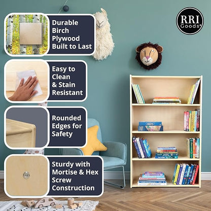 Child Three-Shelf Bookcase, 41.5”H x 24”W x 11.5”D Sturdy Birch Plywood Shelves for Daycare Storage of Books, Toys, Supplies, Smooth Natural Wood (42")
