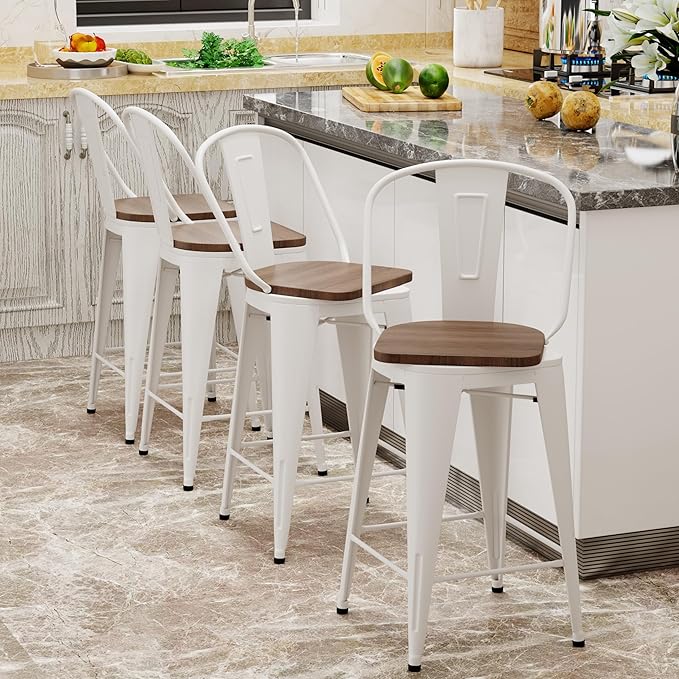 Aklaus Swivel Metal Bar Stools with Backs Counter Stools Set of 4 Counter Height Stools High Back Bar Chairs 26 Inch Barstool Farmhouse White Cream Barstools