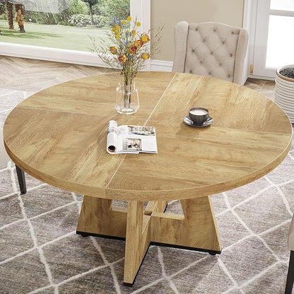 Tribesigns Round Dining Table for 4, 47 inch Farmhouse Circle Kitchen Table with Wooden Pedestal Base for Kitchen, Dining Room, Living Room (Light Wood)