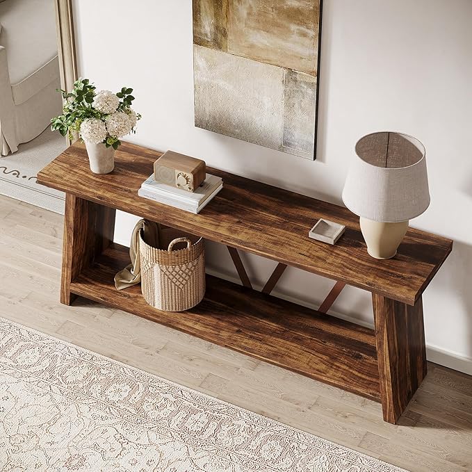 Tribesigns 70.86-Inch Extra Long Console Table for Living Room, 2-Tier Sofa Table Behind Couch with Storage, Wooden Console for Entryway Hallway, Brown