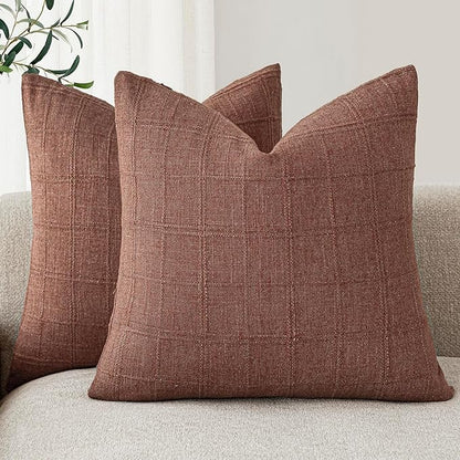 Foindtower Set of 2 Decorative Linen Check Throw Pillow Covers Neutral Farmhouse Vintage Cushion Covers Modern Boho Home Decor for Sofa Chair Couch Bedroom Living Room,26×26 Inch,Autumnal Red