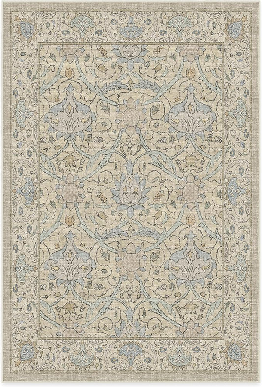 RUGGABLE x Morris & Co Washable Area Rug – Montreal Natural Blue 6x9, Stain-Resistant, Non-Slip – Medium Machine Washable Rugs for Living Room, Bedroom, Hallway, Entryway & Office–with Standard Pad
