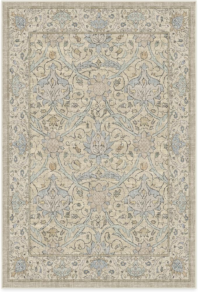 RUGGABLE x Morris & Co Washable Area Rug – Montreal Natural Blue 6x9, Stain-Resistant, Non-Slip – Medium Machine Washable Rugs for Living Room, Bedroom, Hallway, Entryway & Office–with Cushioned Pad