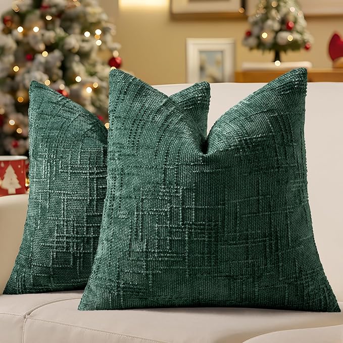 decorUhome Christmas Green Chenille Throw Pillow Covers 16x16 Set of 2 Thick Textured Slubby Couch Pillow Covers Farmhouse Accent Modern Neutral Decorative Pillow Cases for Bed Sofa Living Room