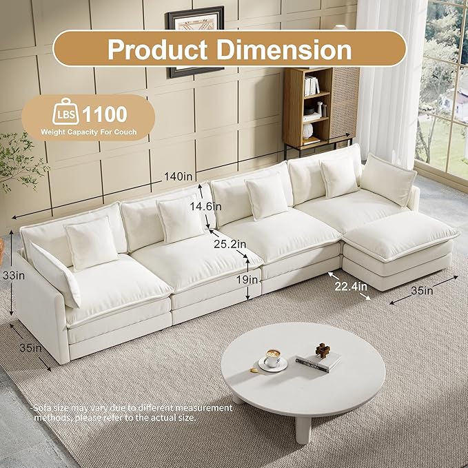 Modular Sectional Sofa, 146.5 Inch L-Shaped Cloud Sofa with Deep Seat Chenille Sofa with Cushions, Four Seater Sectional Sofa for Living Room Apartment,White