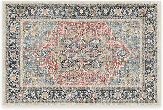 RUGGABLE Washable Vintage Area Rug – Kamran Cayenne Red 2x3, Stain-Resistant, Non-Slip – Small Machine Washable Rugs for Living Room, Bedroom, Hallway, Entryway & Bathroom–with Cushioned Pad