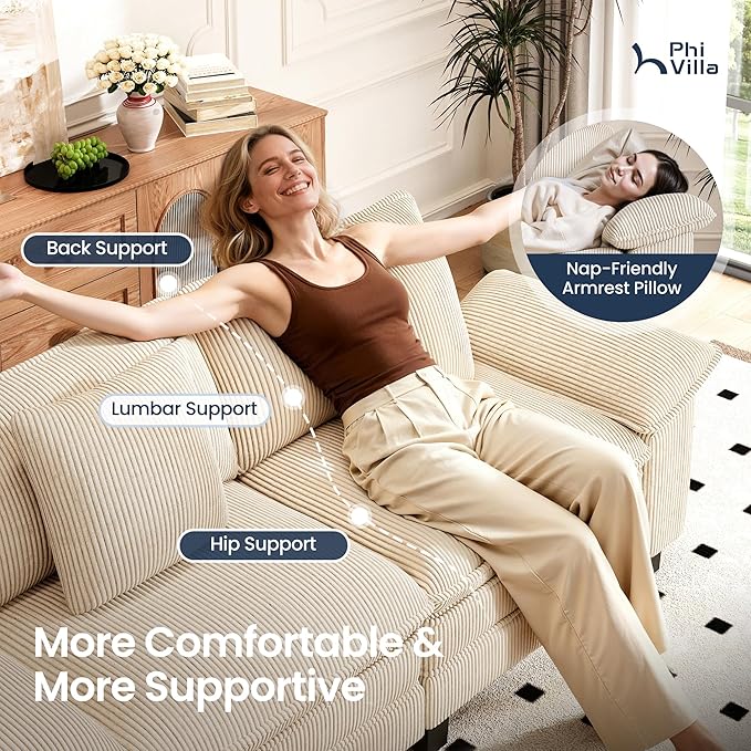 PHI VILLA Cloud Modular Couches Sets, 3 Pieces Large Sectional Sofa Set with Single Sofa, 5-Seater Upholstered Couch for Living Room, Corduroy, Beige