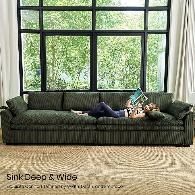 Belffin Large Modular Sectional Sofa with Deep Chaise, Corduroy U Shaped Couch with 9" Soft Dual-Layer 7 Seats Cushion for Living Room, Apartment, Green