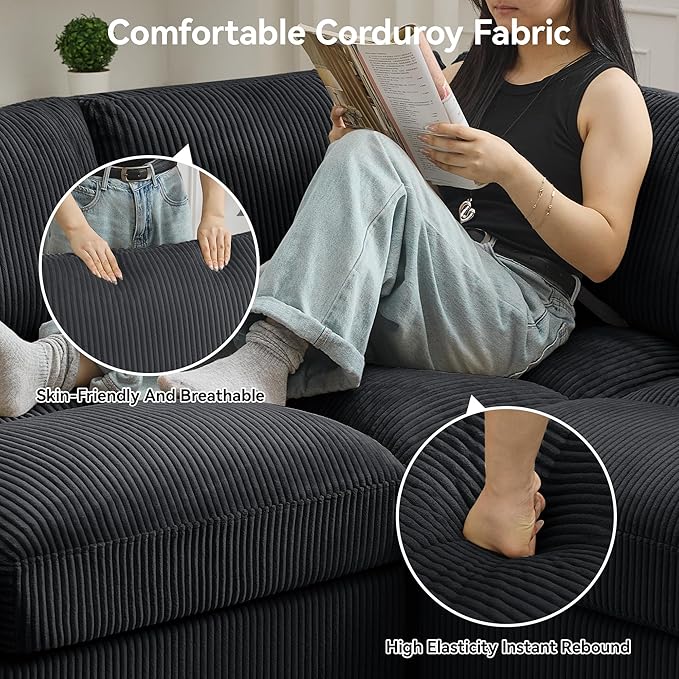 87'' U-Shaped Sectional Sofa with Ottoman, 5-Seater Modular Couches for Living Room, Corduroy Deep Seat Cloud Sofa with Center Stitched, Black
