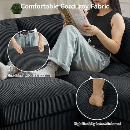 114'' V-Shaped Sectional Cloud Couch with Ottoman, 7-Seater Modular Couches for Living Room, Corduroy Oversized Deep Seat Sofa with Center Stitched, Black