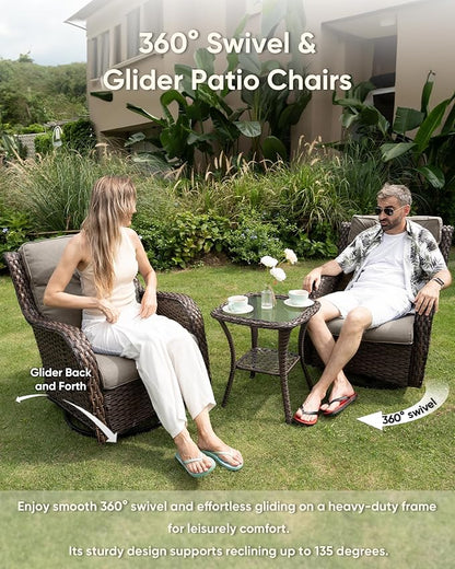 HUMMUH Wicker Patio Furniture High Back Swivel Rocker Patio Chairs Outdoor Bistro Set with Ottomans Side Table for Porch Garden Deck