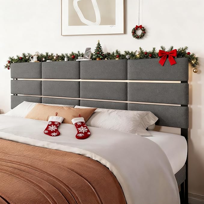King/Cal King Size Upholstered Headboard, Adjustable Head Boards with LED Light & Charging Station, Bed Headboard Only, Attach Frame, Ideal for Bedroom, Dorm, Guest Room, Dark Grey