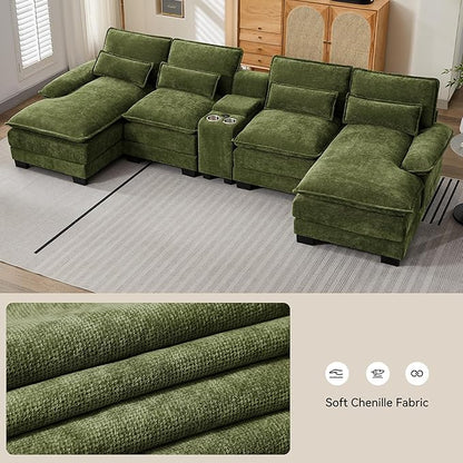 U Shaped Sectional Sofa with Storage Console, Cup Holders & USB Ports, Small Modular Cloud Couch with Deep Seats, Modern Comfy Living Room Sofa for Apartment, Chenille Green