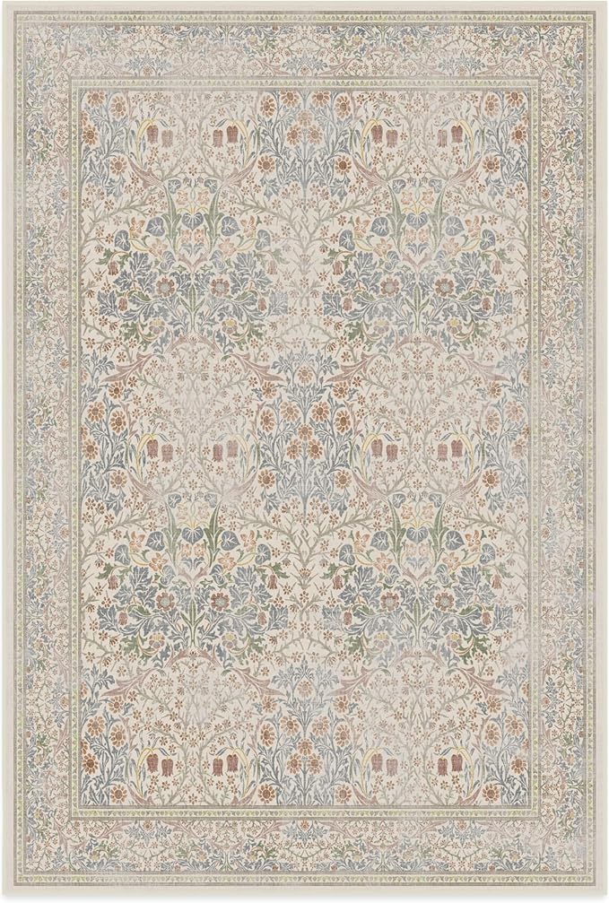 RUGGABLE x Morris & Co Washable Area Rug – Blackthorn Ivory Blue 6x9, Stain-Resistant, Non-Slip – Medium Machine Washable Rugs for Living Room, Bedroom, Hallway, Entryway & Office–with Standard Pad