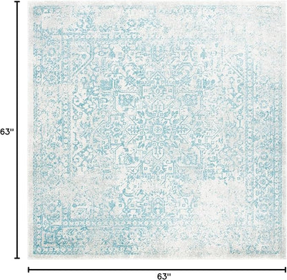 SAFAVIEH Evoke Collection Area Rug - 5'3" Square, Ivory & Aqua, Distressed Design, Non-Shedding & Easy to Clean, Ideal for Living Room, Bedroom, Dining Space (EVK256J)