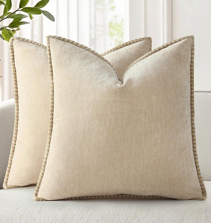 decorUhome Chenille Soft Throw Pillow Covers 26x26 Set of 2, Farmhouse Velvet Neutral Decorative Euro Pillow Covers with Stitched Edge for Couch Sofa Bed Home Decor, Beige