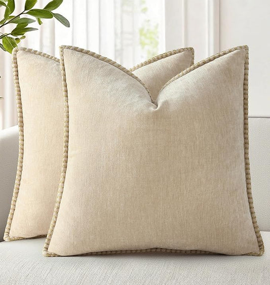 decorUhome Chenille Soft Throw Pillow Covers 24x24 Set of 2, Farmhouse Velvet Neutral Decorative Euro Pillow Covers with Stitched Edge for Couch Sofa Bed Home Decor, Beige
