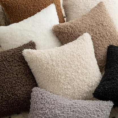 Pack of 2 Curly Teddy Wool Faux Fur Throw Pillow Covers Fuzzy Accent Soft Sherpa Pillowcases Sheepskin Fleece Decorative Cushion Case for Sofa Couch Living Room 26x26 Inch Khaki