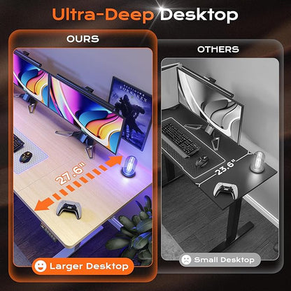 Huuger 63 x 28 Large Electric Standing Desk, Height Adjustable Computer Desk, 27.6" Deep Desktop, Stand up Gaming Office Table with 2 Hooks, 3 Preset Heights, for Home Office, Oak