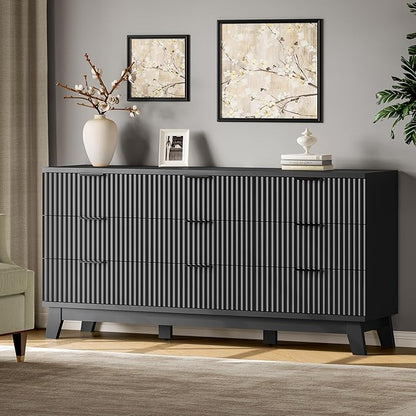 Fluted Dresser with 9 Drawers, 63" Wide Modern Chest of Drawers with Metal Handle, Wooden Dresser TV Stand, Wood Closet Clothes Storage Organizer for Bedroom, Living Room, Hallway, Solid Black