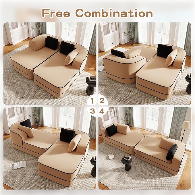 Cloud Sectional Sofa Modern Boneless Couch for Living Room, Comfy Deep Seat Comfy Teddy Fabric Double Sofa Chaise No Assembly Required (Camel, 77.2" Double Chaise Lounge)