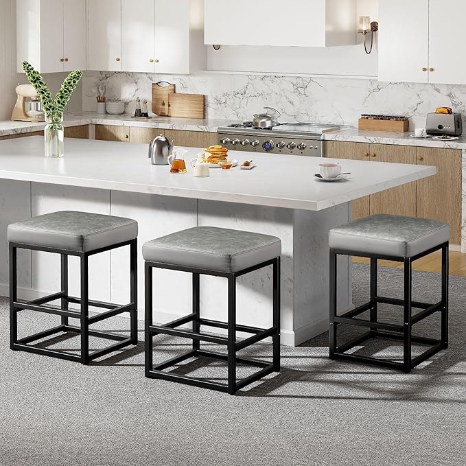 Counter Height Bar Stools Set of 2, 24" Barstools for Kitchen Countertop, Faux Leather Counter Stools with Thick Square Seats & Sturdy Metal Base, Simple Assembly, Black