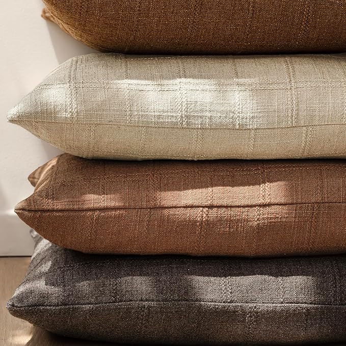 Foindtower Set of 2 Decorative Linen Check Throw Pillow Covers Neutral Farmhouse Vintage Cushion Covers Modern Boho Home Decor for Sofa Chair Couch Bedroom Living Room,26×26 Inch,Dark Brown