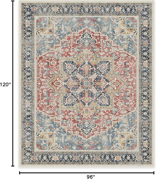 RUGGABLE Washable Vintage Area Rug – Kamran Cayenne Red 8x10, Stain-Resistant, Non-Slip – Large Machine Washable Rugs for Living Room, Bedroom, Hallway, Entryway & Office–with Standard Pad