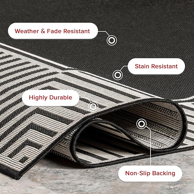 nuLOOM 8' x 10' Outdoor Area Rug, Casual Design With Striped Border, Stain Resistant, Highly Durable, For Patio, Balcony, Bedroom, Living Room, Dining Room, Bathroom, Black