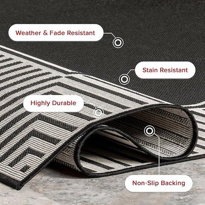 nuLOOM 9'6" x 12' Outdoor Area Rug, Casual Design With Striped Border, Stain Resistant, Highly Durable, For Patio, Balcony, Bedroom, Living Room, Dining Room, Bathroom, Black