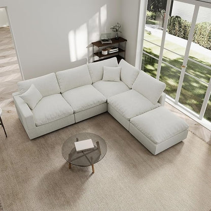 Modern Sectional Linen Couch for Living Room V-Shape Sofas,5 Seat Modular Cloud Sofas,Couches Cushion Covers Removable,Cozy Feather Down Sofa for Apartment Cream White