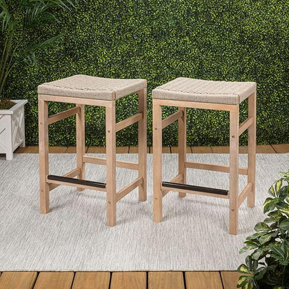 JONATHAN Y CSL1201A-SET2 Armand 25.6" Modern Coastal Backless Acacia Wood Outdoor Counter Stool with Woven Rope Seat, for Pool, Deck, Poolside, Light Teak/Ivory (Set of 2)