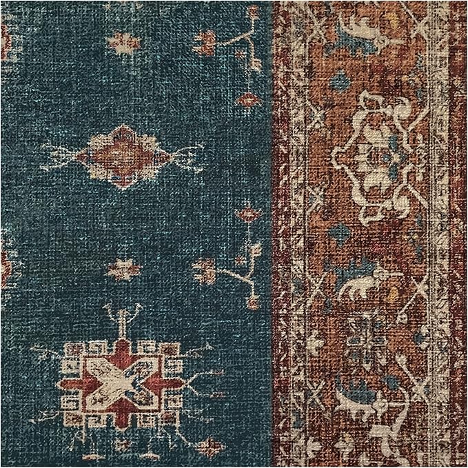 RUGGABLE Washable Vintage Area Rug – Verena Teal Blue 8 ft Round, Stain-Resistant, Non-Slip – Large Machine Washable Rugs for Living Room, Bedroom, Hallway, Entryway & Office–with Cushioned Pad