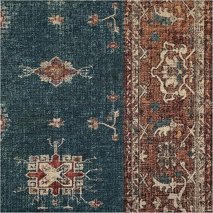 RUGGABLE Washable Vintage Area Rug – Verena Teal Blue 5x7, Stain-Resistant, Non-Slip – Medium Machine Washable Rugs for Living Room, Bedroom, Hallway, Entryway & Office–with Standard Pad