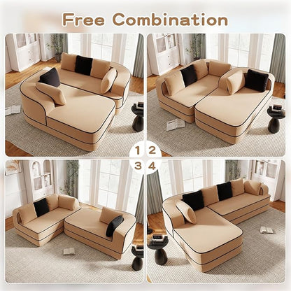 Cloud Sectional Sofa Modern Boneless Couch for Living Room, Comfy Deep Seat Comfy Teddy Fabric Double Sofa Chaise No Assembly Required (Camel, 106" L Shape with Left Facing)
