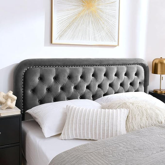 Tufted Upholstered Headboard,Button Solid Wood HeadBoards with Adjustable Height,Modern Performance Velvet Bed Head Boards,Easy Install&Nailhead (Grey, King)