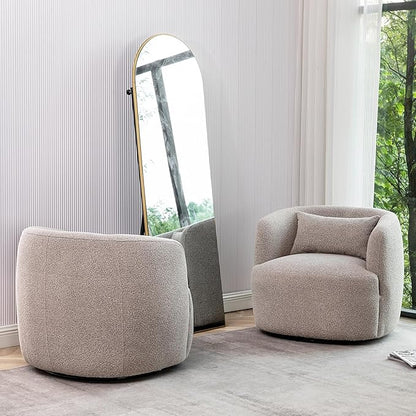 KINWELL 34" Wide Boucle Swivel Barrel Chairs Set of 2, No Assembly Round Upholstered Armchairs Accent Chairs Single Sofa Chair with Toss Pillow for Living Room and Bedroom, Taupe