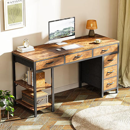 Huuger Computer Desk with 6 Drawers, 47 Inch Office Desk with Shelves, Reversible Gaming Desk, Corner Desk with Storage, Work for Home Office, Study, Living Room, Rustic Brown