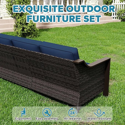 75" Patio Metal Wicker Sofa, 3-seat Deep Seat & Upholstered Couch, Outdoor All-Weather Rattan Loveseat with Washable Cushions, Steel Frame Couch, Garden (Navy Blue)