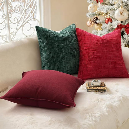 decorUhome Christmas Red Chenille Throw Pillow Covers 16x16 Set of 2 Thick Textured Slubby Couch Pillow Covers Farmhouse Accent Modern Neutral Decorative Pillow Cases for Bed Sofa Living Room